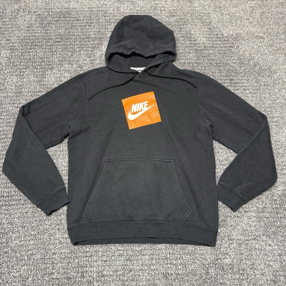 NIKE Box Logo Hoodie Men's M Black Orange Sweatshirt Pullover Swoosh Y2K